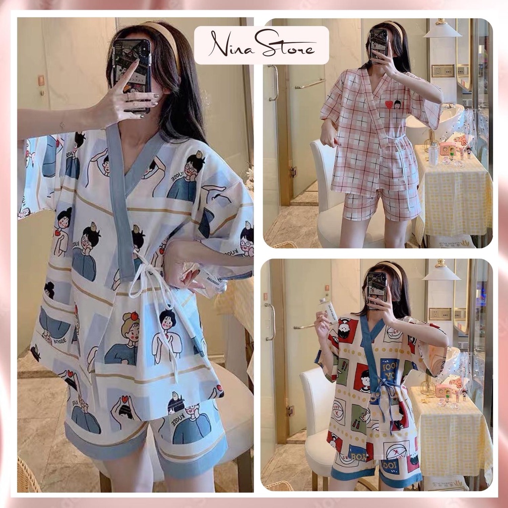 Set bộ ngủ pijama nữ cotton áo ngắn tay phối quần short in hình dễ thương NinaStore