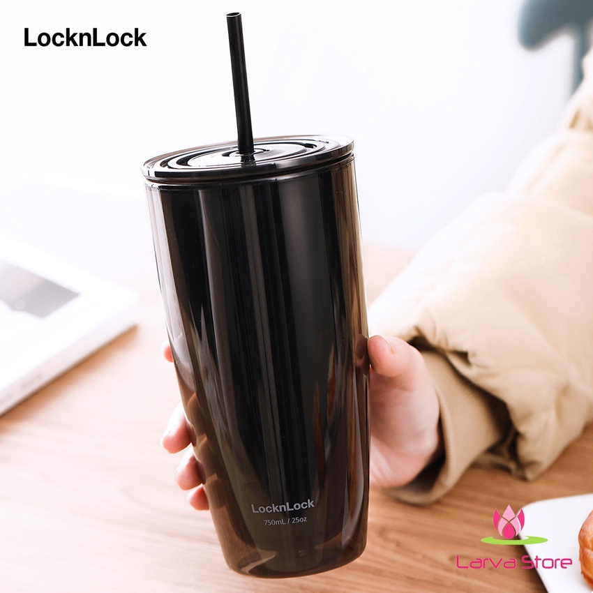 Ly nhựa 2 lớp Lock&amp;Lock kèm ống hút HAP507 BLK màu đen - Larva Store
