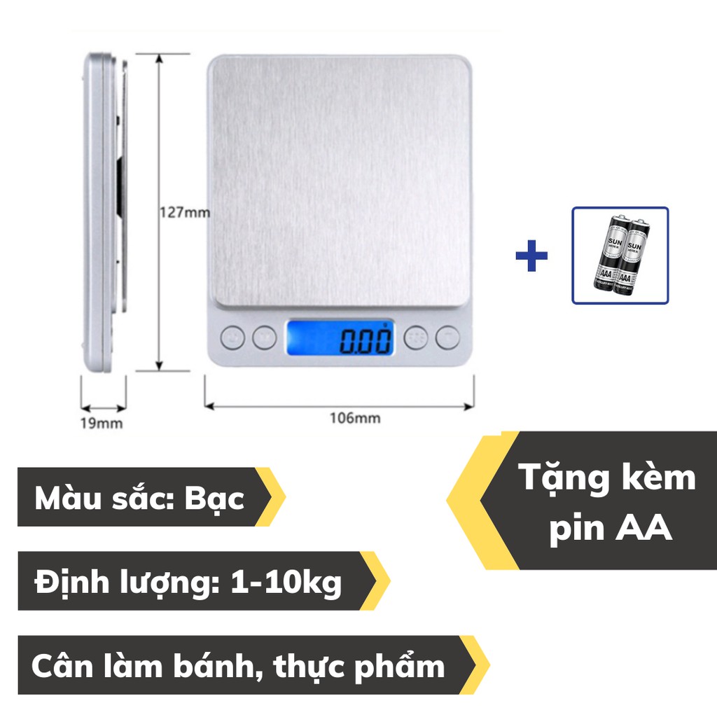 Cân tiểu ly điện tử mini định lượng 0,1-3kg độ chính xác cao nhà bếp làm bánh Cân tiểu li 3kg cao cấp kèm 2 pin AA