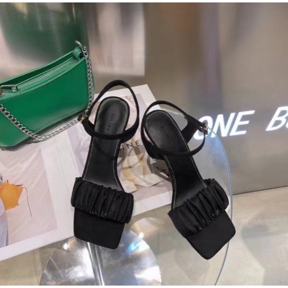 Sandal cao gót nữ, đế tam giá trụ 5cm, quai nhún dây cài, thanh lịch sang trọng
