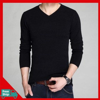 Áo len nam cổ tim màu đen, chất len mềm mịn, dáng áo ôm,phong cách Hàn Quốc