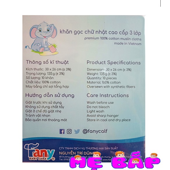 LỐC 10 KHĂN SỮA FANY CAO CẤP 3 LỚP