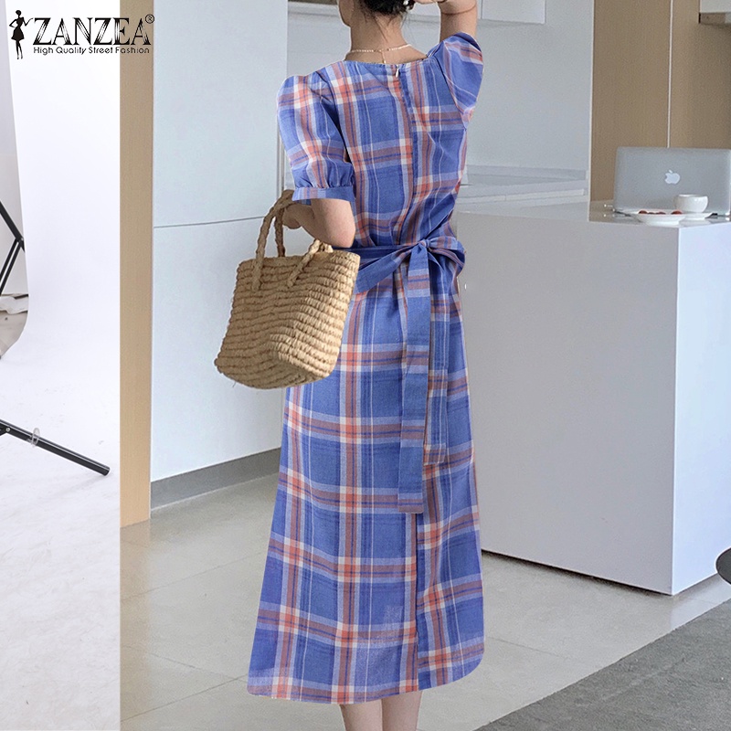 Đầm dài Zanzea tay lửng cổ vuông họa tiết sọc caro thời trang cho nữ