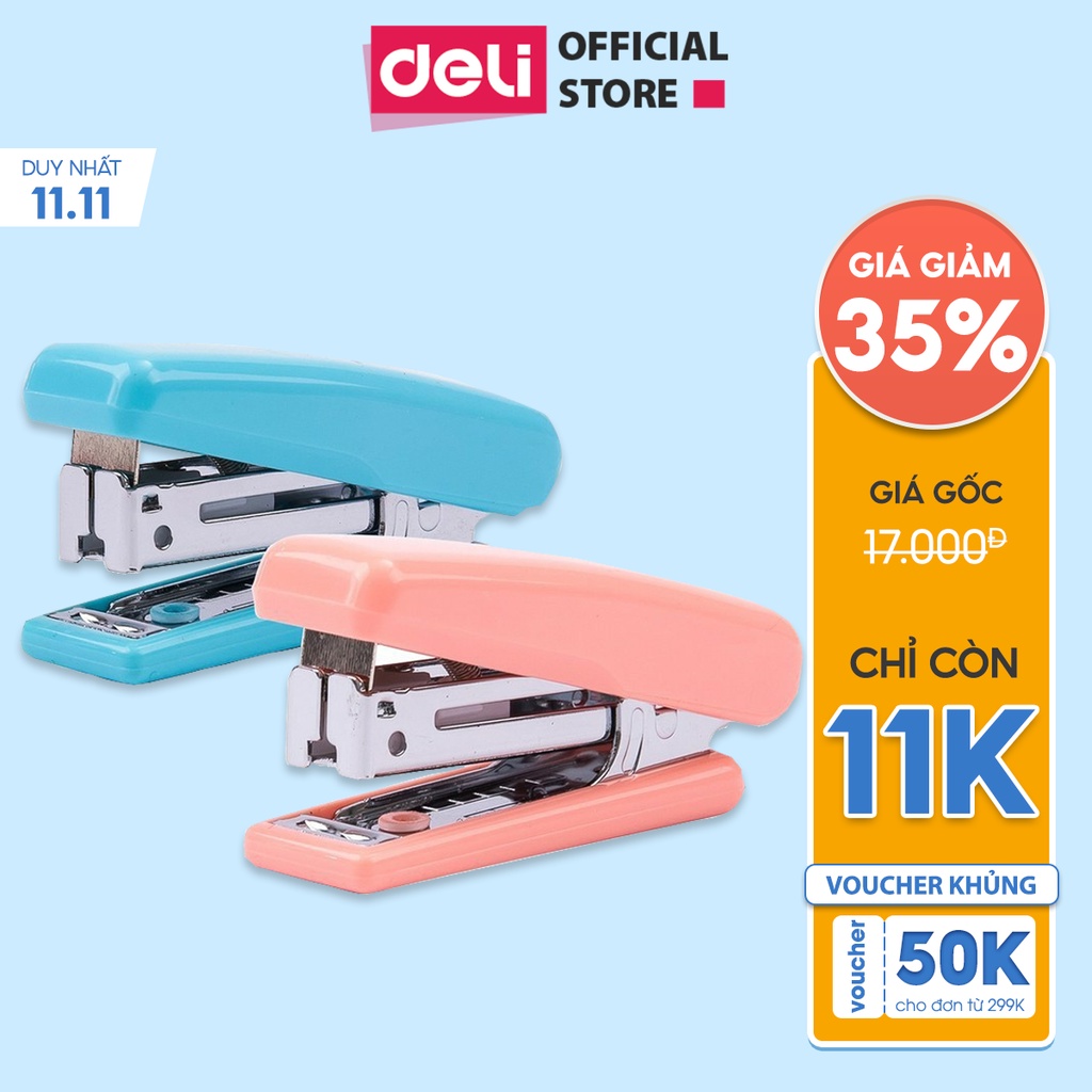 Dập ghim học sinh mini 10 Deli, 12 trang, Xanh, Hồng - 1 cái E0222