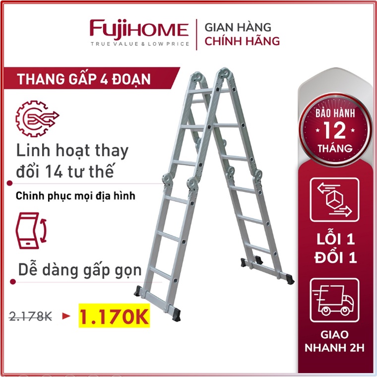 Thang nhôm gấp 4 đoạn Nhập Khẩu 3,4 - 4,7 mét siêu đa năng FUJIHOME, thang chữ M xếp gọn 4 khúc articulated ladder