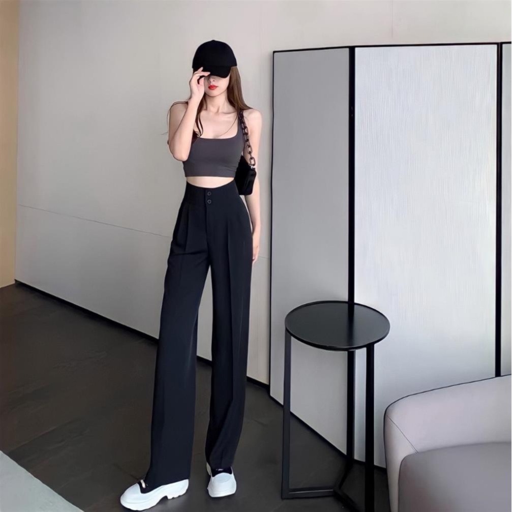 Quần Ống Rộng Lưng Cao 2 Khuy , Quần Ống Suông Cạp Cao 2 Cúc Phong Cách Hàn Quốc Trẻ Trung Năng Động