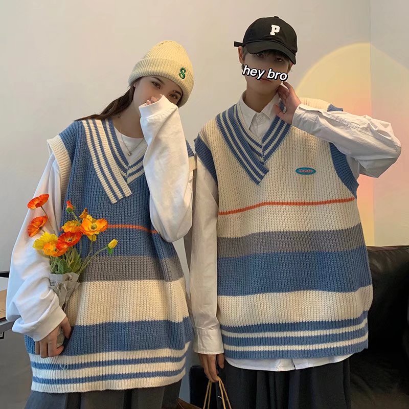 áo sweater nam form rộng cổ chữ V màu năng động thời trang unisex áo vest áo len nam hàn quốc