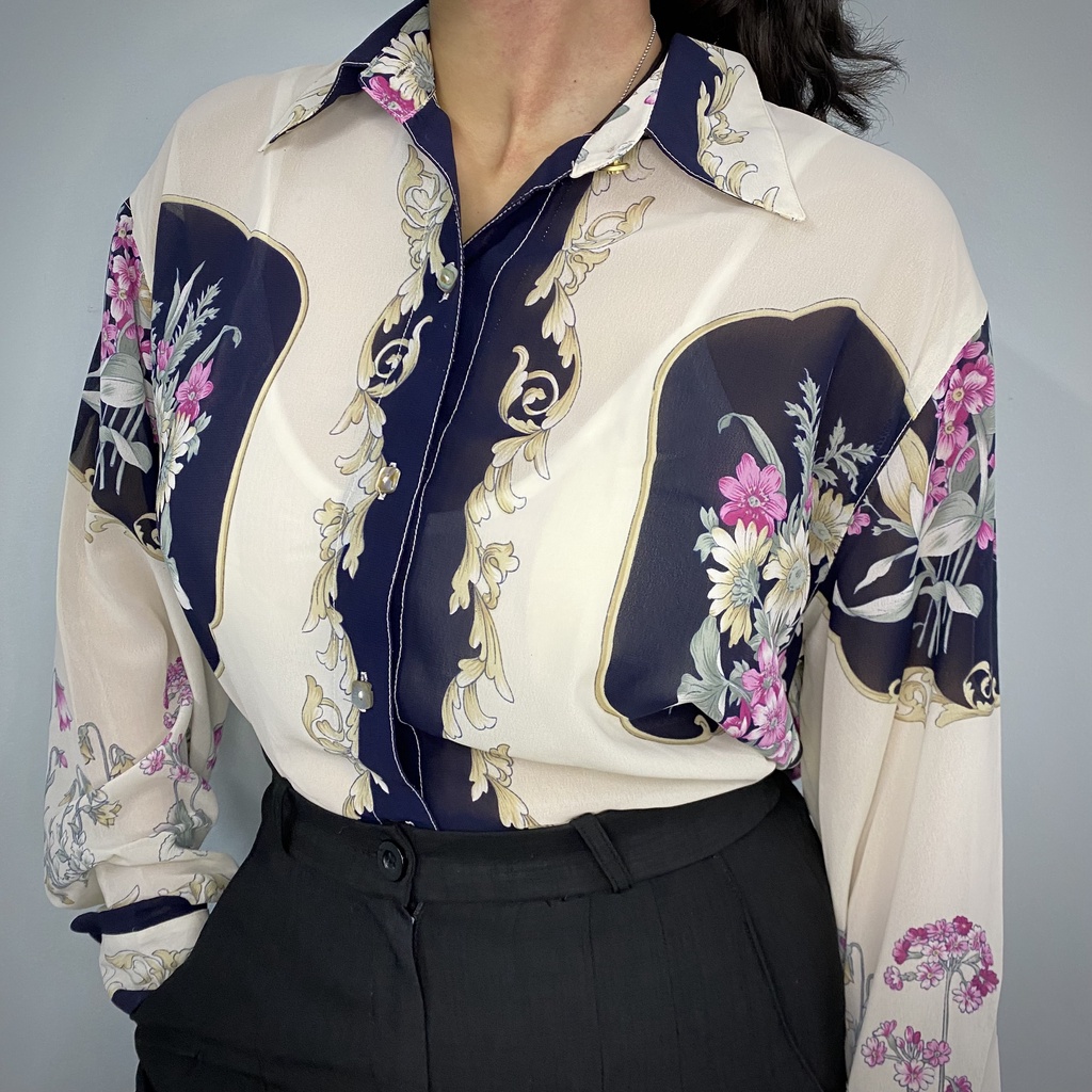 Áo Sơ Mi Nữ Vintage Hoạ Tiết Hoa Rơi Đối Xứng Thanh Lịch Màu Kem