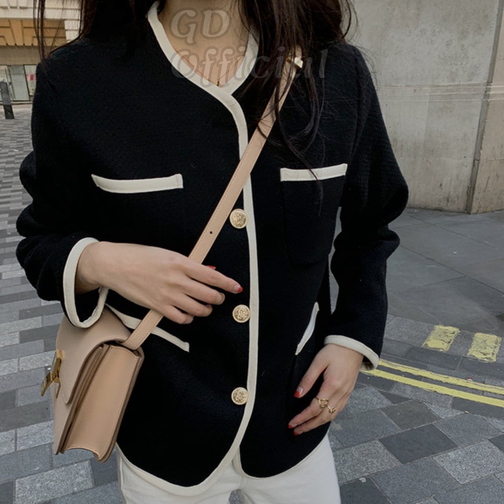 K10|Áo khoác cổ tròn retro có túi nữ dài tay chất tweed màu trắng, đen gd_order