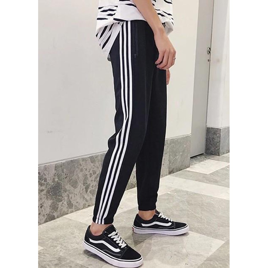 Quần Thể Thao Dài Nam Dáng Vừa Màu Đen Phối Ba Sọc Trắng Thời Trang