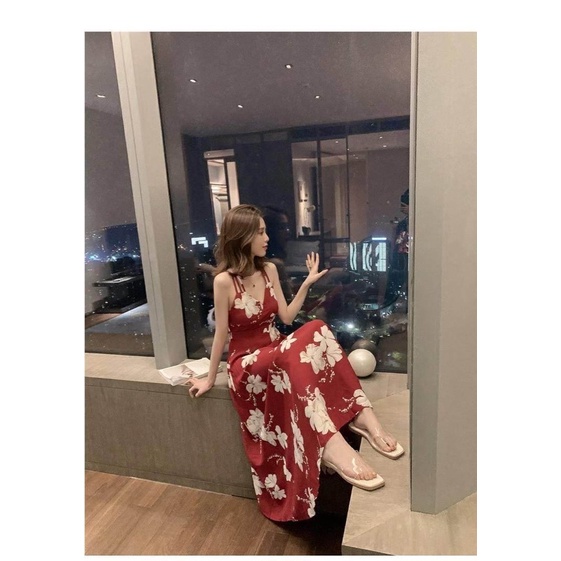 Váy Maxi  Hoa 2 Dây Đan Lưng