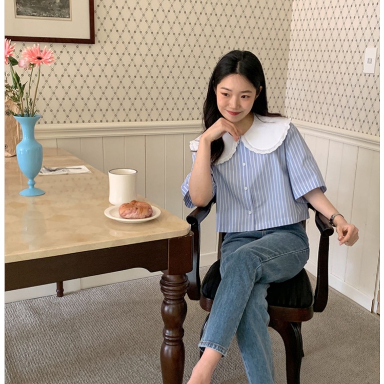 Áo sơ mi SUXI ngắn tay cổ búp bê họa tiết kẻ sọc màu trơn phong cách Hàn Quốc thời trang mùa hè cho nữ