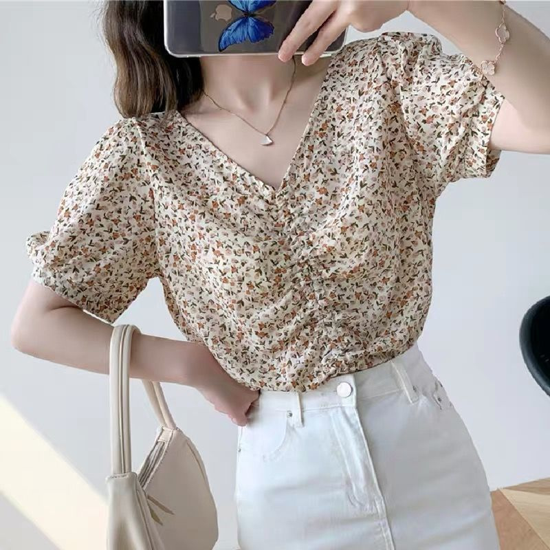 ❤️❤️Áo Sơ Mi Chiffon Tay Ngắn Cổ Chữ V Phối Dây Rút In Họa Tiết Hoa Nhí Xinh Xắn Thời Trang Phong Cách Hàn Quốc Cho Nữ