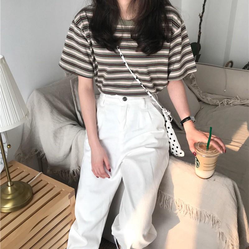 Áo thun sọc nữ cổ tròn kiểu Hàn Quốc
