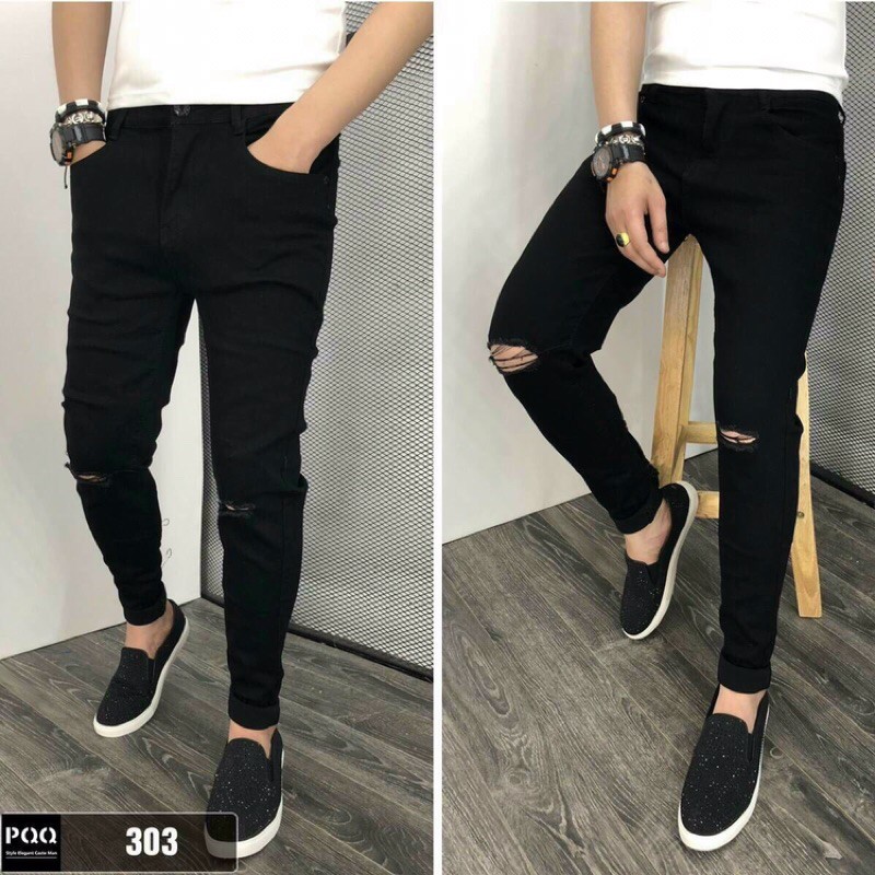Quần Jean rách gối đen trơn chất liệu Kaki co dãn cực cao cấp