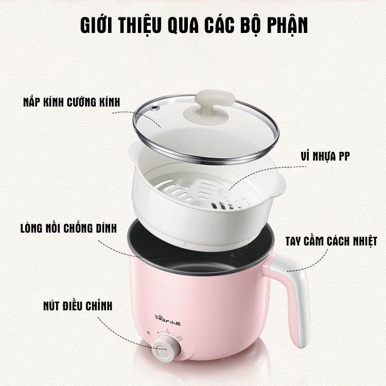 Nồi điện đa năng Bear - Nấu cơm, lẩu, hấp, luộc, món nước tiện lợi - Nồi chống dính, vỏ cách nhiệt [BẢO HÀNH CHÍNH HÃNG]