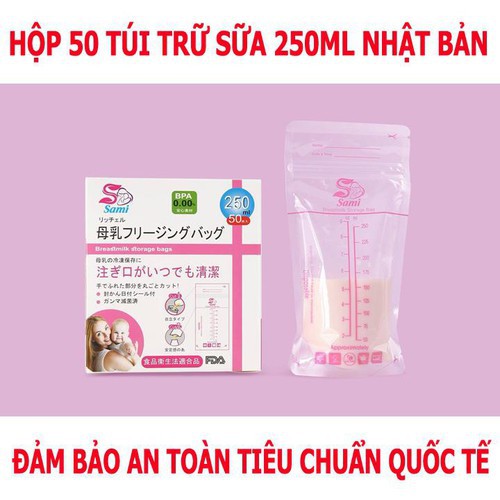 Hộp 50 túi trữ sữa tiệt trùng,không BPA an toàn cho bé 250ml SAMI Nhật Bản