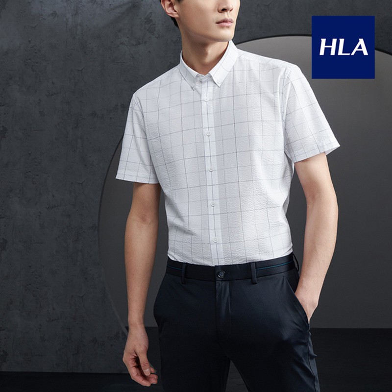Áo Sơ Mi Nam Ngắn Tay Kẻ Sọc Mảnh HLA Refreshing Plaid Short Sleeve Casual Shirt