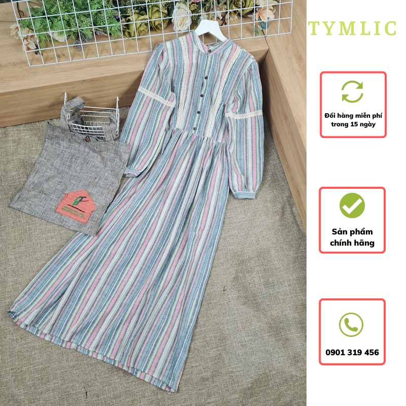 Đầm Thô Cổ Trụ Babydoll Màu Kẻ Sọc Xanh Hồng TYMLIC