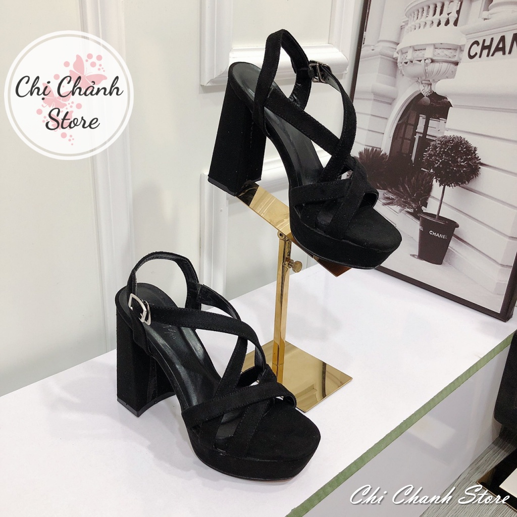 Sandal Cao Gót 12p Mũi Đúp Quai Đan Chéo Chuẩn Form Lên Chân Cực Xinh Giày Cao Gót Nữ Đen Da Lộn, Trắng Da Xi Chi Chanh