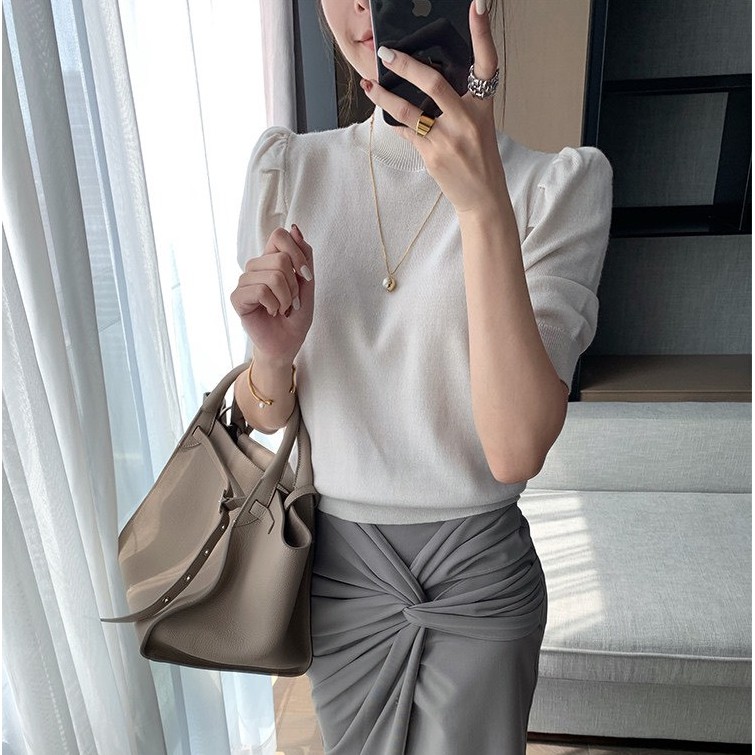 Áo len dệt kim cổ cao tay lỡ bồng (hàng QC) - Áo lên tay phồng | BigBuy360 - bigbuy360.vn