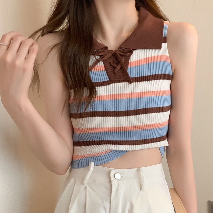 Áo Thun Dệt Kim Hai Dây Họa Tiết Kẻ Sọc Màu Sắc Tương Phản Phong Cách Retro Dành Cho Nữ