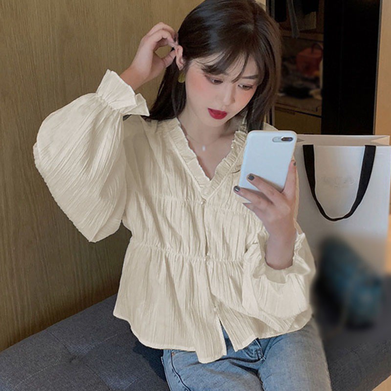Áo Kiểu Tay Dài Phối Ren Phong Cách Hàn Quốc Ngọt Ngào Cho Nữ