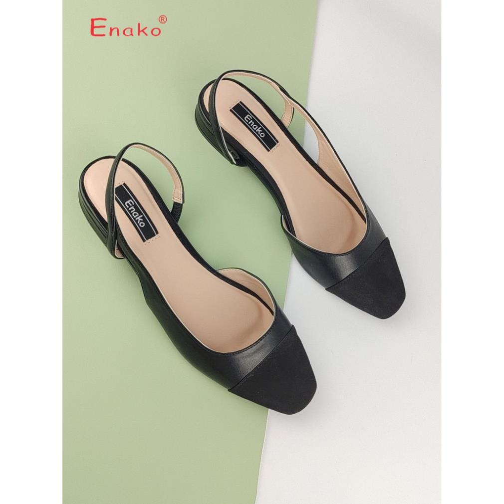 Giày sandal đế bệt bít mũi hở gót phối nỉ đen thời thượng Enako TP13505 DNT