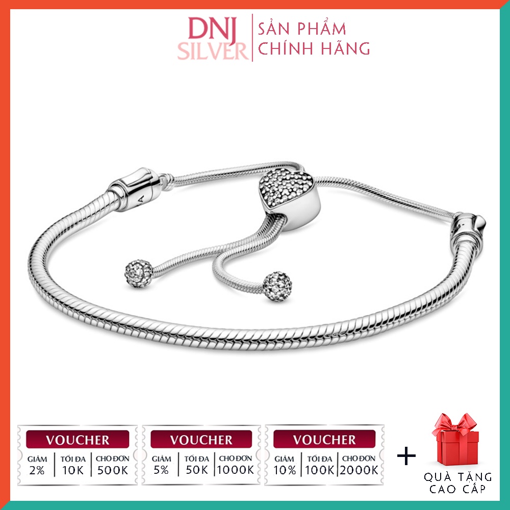 Vòng tay bạc 925 cao cấp - Mẫu vòng Pavé Heart Clasp Snake Chain Slider, vòng freesize điều chỉnh size linh động