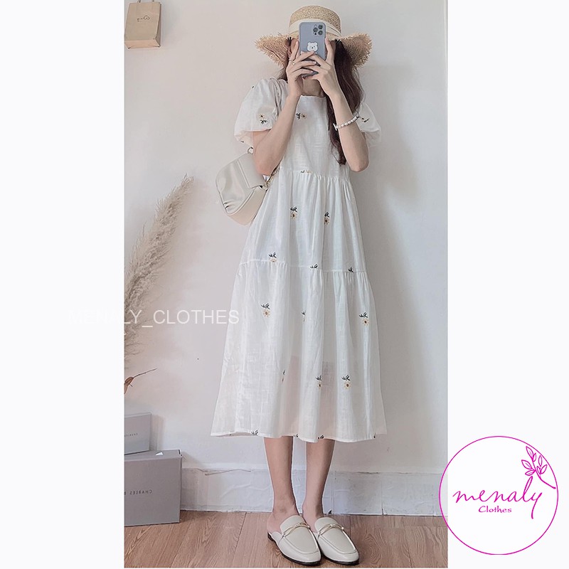 Đầm váy babydoll hoa nhí dáng dài tay bồng VH039, mẫu váy hoa cúc vintage qua gối bầu bí bon chen được