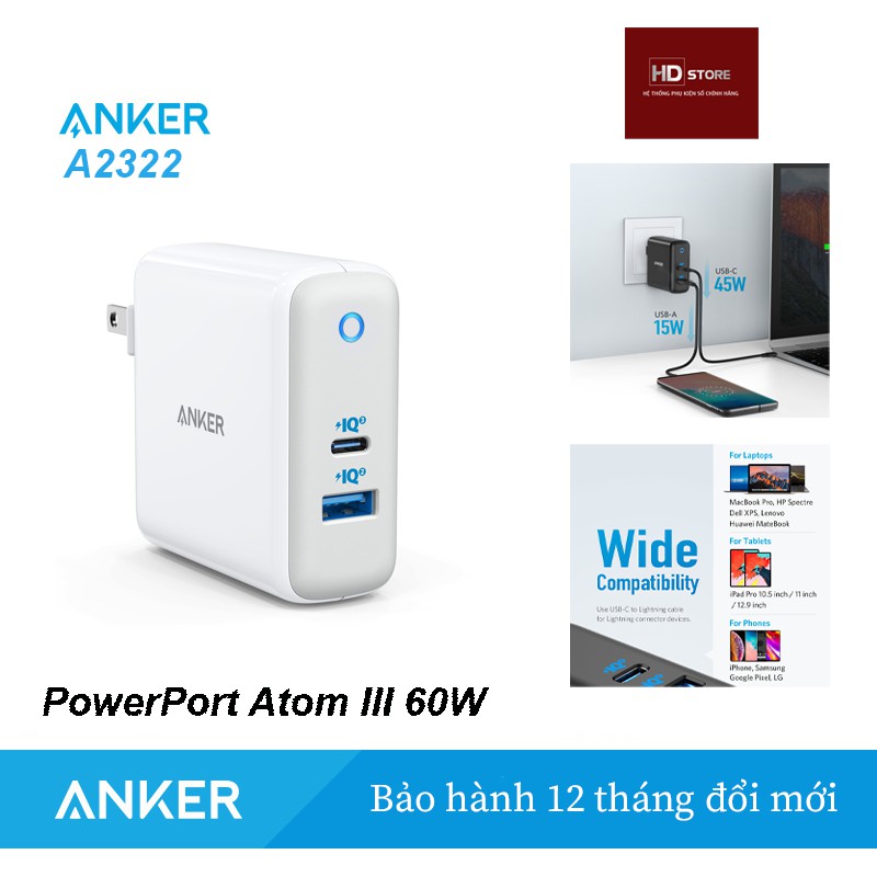 Sạc ANKER PowerPort Atom III 2 Port 60W (Usb C 45W Usb A 15W) - Mã A2322