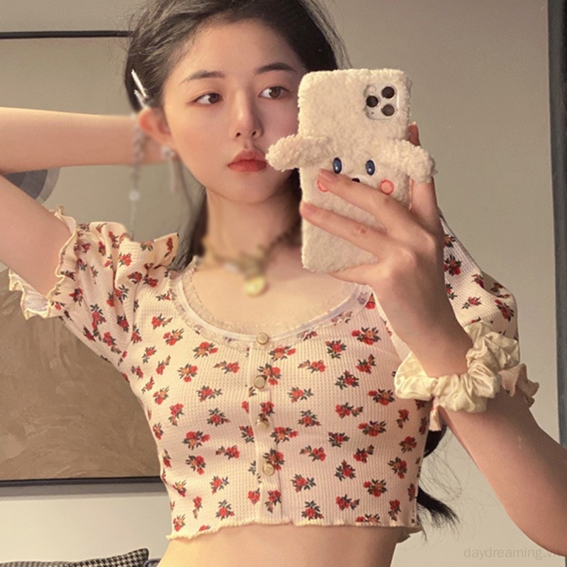 Áo Croptop Tay Ngắn Hoạ Tiết Hoa Cho Phái Nữ