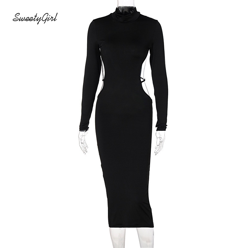 Đầm midi cổ tròn tay dài hở lưng màu trơn thời trang quyến rũ cho nữ