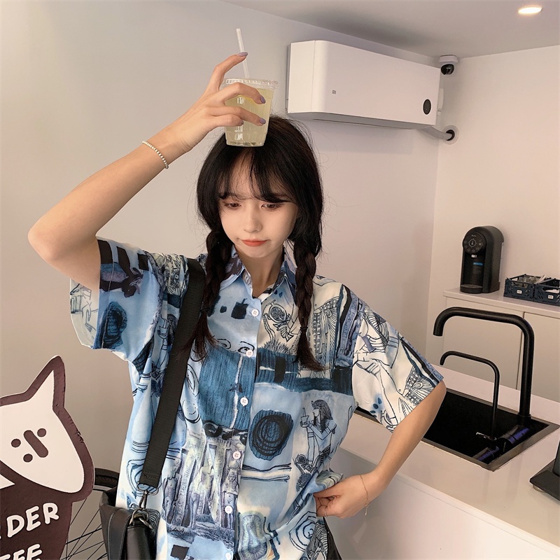 Áo sơ mi SUXI tay ngắn dáng rộng in họa tiết phong cách cổ điển cho nữ