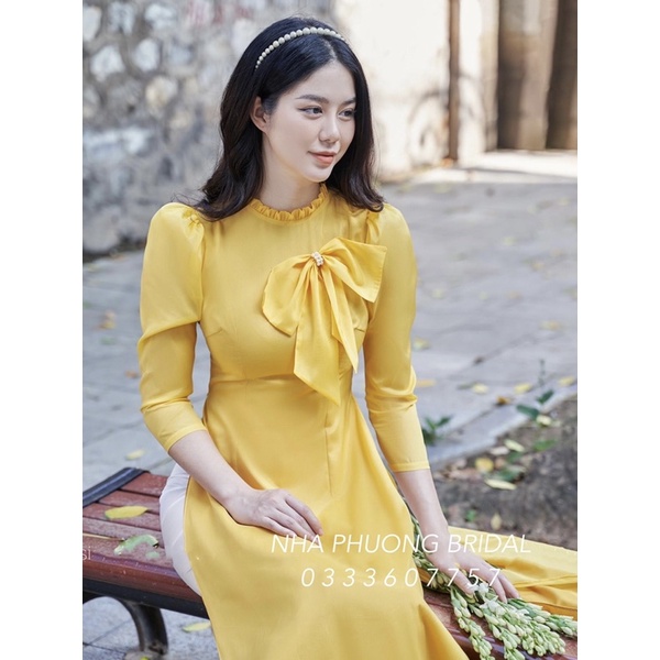 ÁO DÀI CÁCH TÂN 4 TÀ CỔ XẾP LI TAY PHỒNG/ Áo dài voan tơ may sẵn Nhã Phương Bridal