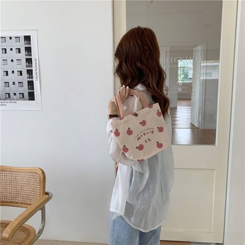 Bag Female 2021 New Pouch Japanese Peach Portable Canvas Bag Girl Snack Bento Small Bag Handbag U1mU