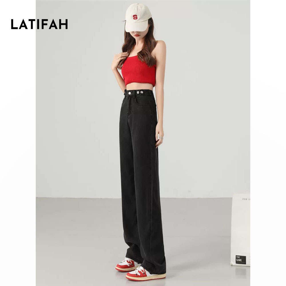 Quần baggy jean nữ LATIFAH ống rộng dài 98cm gài cúc eo màu đen QD042