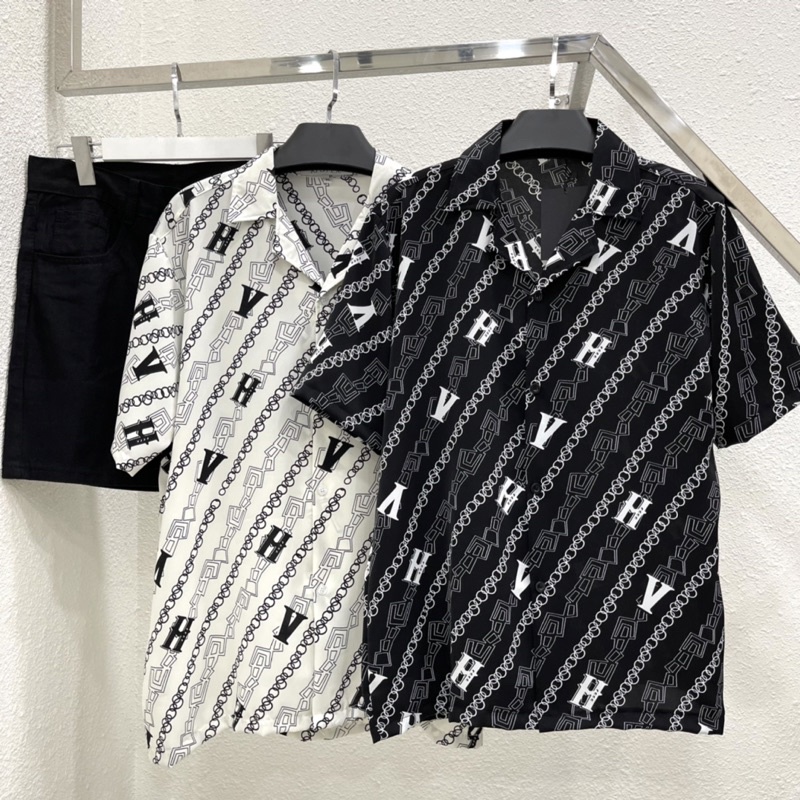 Áo sơ mi tay ngắn hoạ tiết HV vải lụa mango áo cuban shirt ngắn tay cổ vest mùa hè