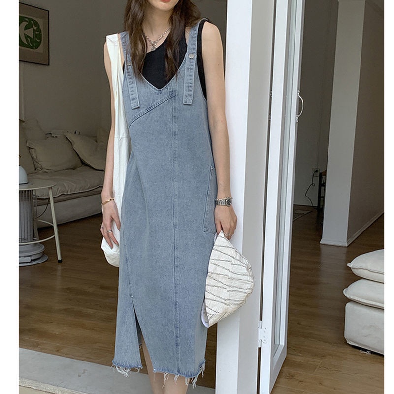 Đầm Yếm Denim Dài Qua Gối Không Tay Dáng Rộng Phong Cách Retro Pháp Thời Trang Mùa Hè Dành Cho Nữ