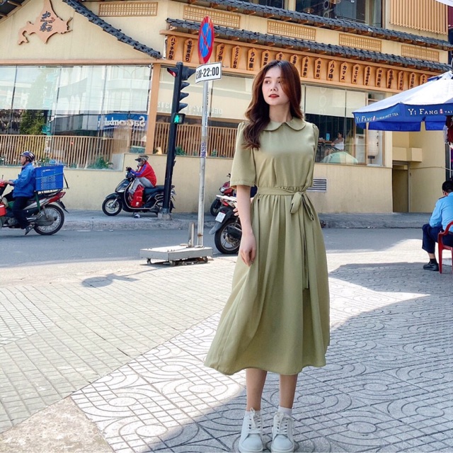 Đầm maxi babydoll thắt eo