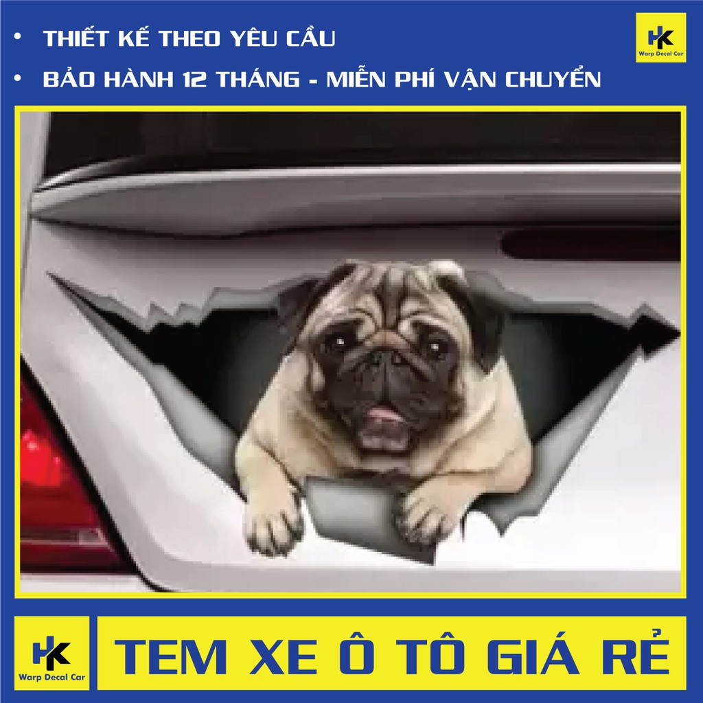 Tem 3D dán đuôi xe hình chó Pug siêu cute - Hàng tự thiết kế theo đơn đặt hàng- tem xe ô tô giá rẻ hà nội