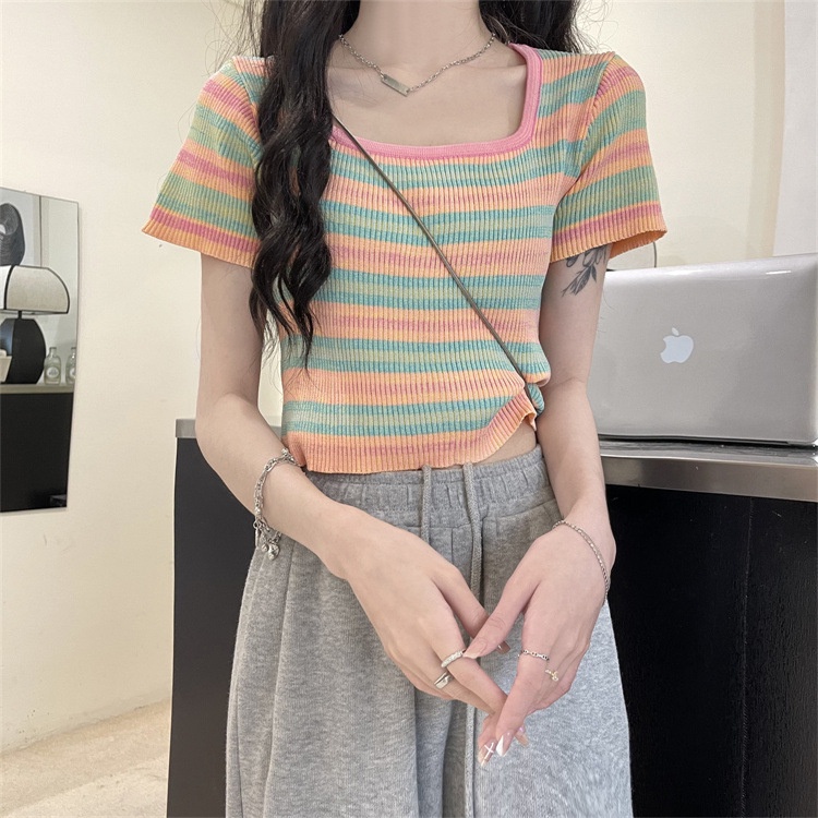 Áo len croptop dệt kim nữ kiểu cổ vuông tay ngắn phối màu thiết kế Quảng Châu trẻ trung cá tính