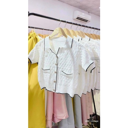 Áo len nút hai túi phối viền khác màu tay ngắn hàng Quảng Châu 0205