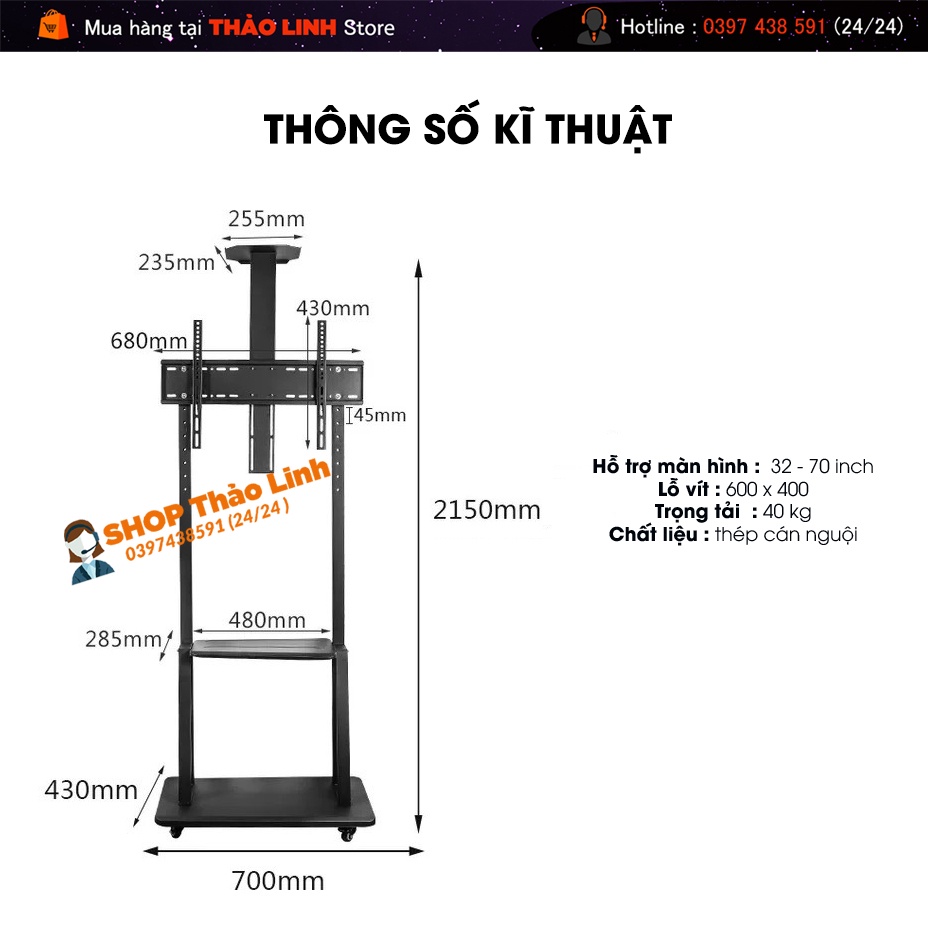 Giá Treo Tivi Di Động AV1700 32 - 43 - 50 - 55 - 65 - 70 Inch Kệ Treo Tivi Có Bánh Xe Di Chuyển - Ưu Việt Hơn NB AVA1500
