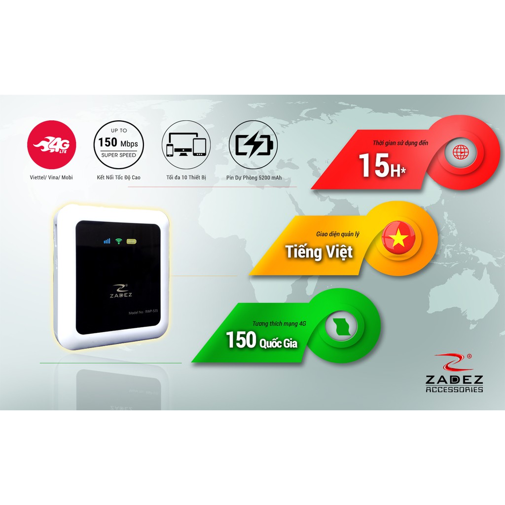 Thiết bị phát wifi bằng sim 4G Zadez 4G RWP-535 - BẢO HÀNH CHÍNH HÃNG