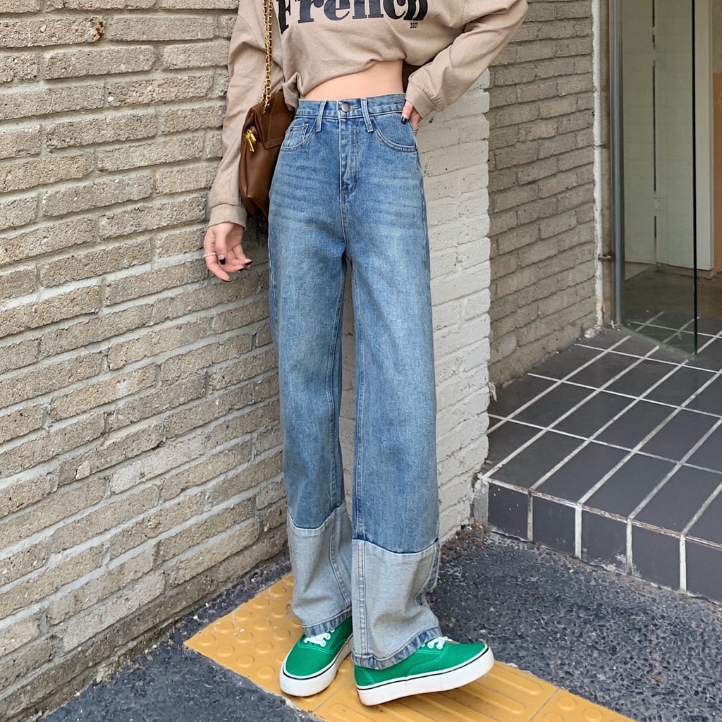 Quần jeans nữ ống rộng lưng cao phong cách Hàn Quốc