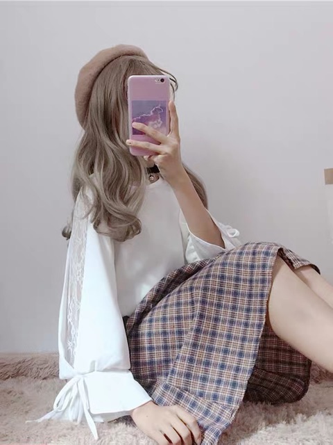 [có sẵn] Chân váy xếp li caro phối áo thun ren cách điệu