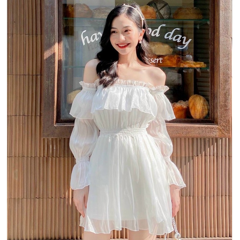 |Có Ảnh Thật| Váy Dáng Xoè Tay Dài Trễ Vai Nhún Eo Voan Bóng Ulzzang Siêu Xinh