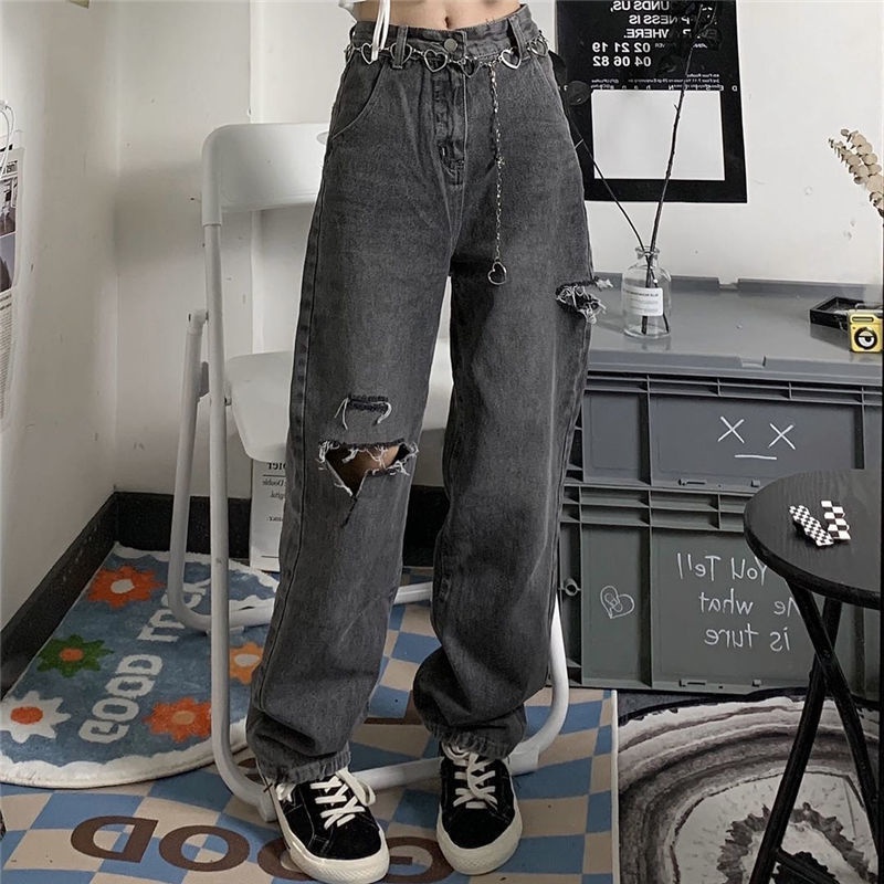 Quần Jeans Dài Ống Rộng Lưng Cao Phối Rách Phong Cách Đường Phố Retro Thời Trang Mùa Hè Mới Cho Nữ