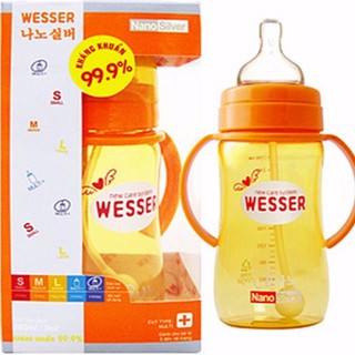 Bình sữa Wesser Nano Silver cổ rộng 260ml có ống hút - ko ống hút